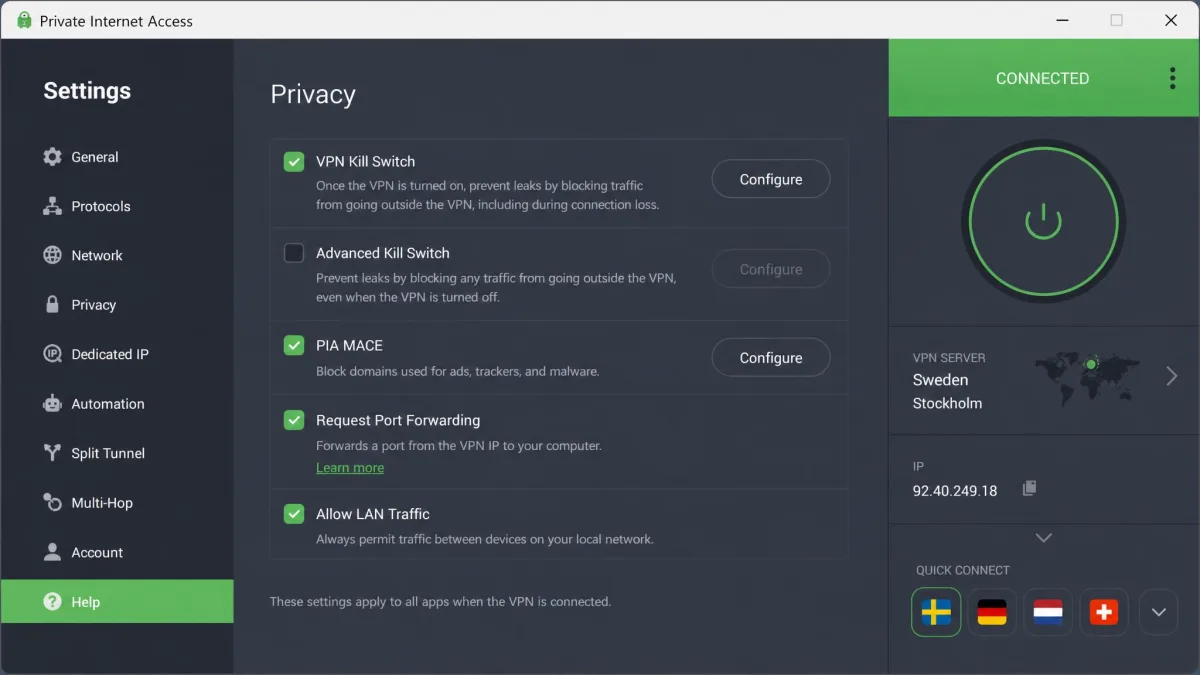 Private Internet Access desktop app settings screen with the Request Port Forwarding option enabled and a non-US server selected.