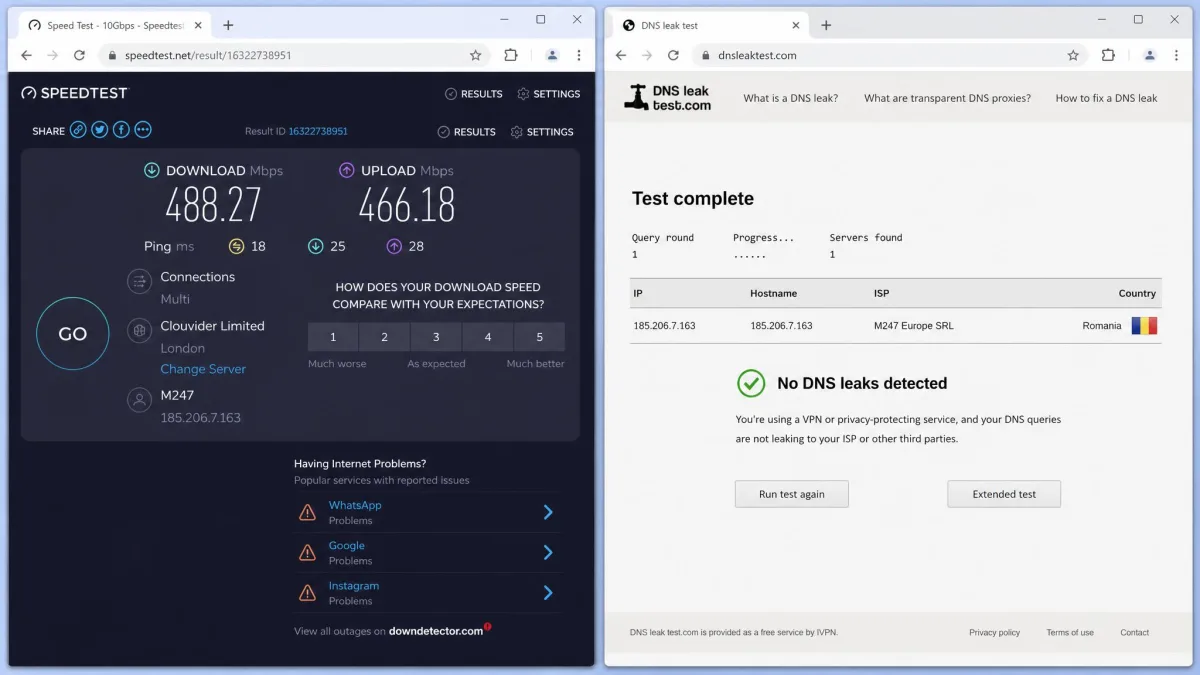 Side-by-side browser windows showing a VPN speed test result and a DNS leak test page reporting no leaks, used when comparing AirVPN alternatives.
