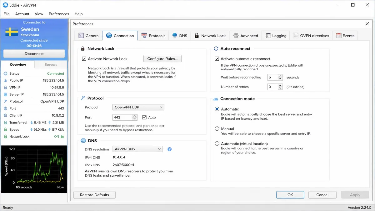 AirVPN's Eddie desktop client showing the preferences panel with Network Lock, DNS and protocol options across multiple tabbed settings sections.