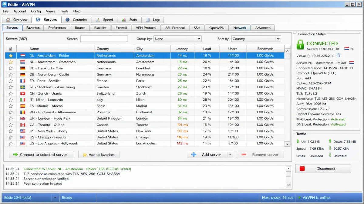 The AirVPN Eddie client main window showing the server list, connection status and a dense set of menu tabs across the top of a dated-looking desktop interface.