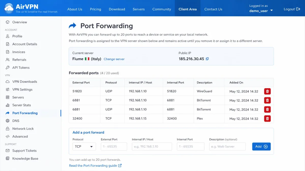 AirVPN's port forwarding configuration page showing a list of assigned forwarded ports mapped to a server, with add and remove controls for up to 20 ports.