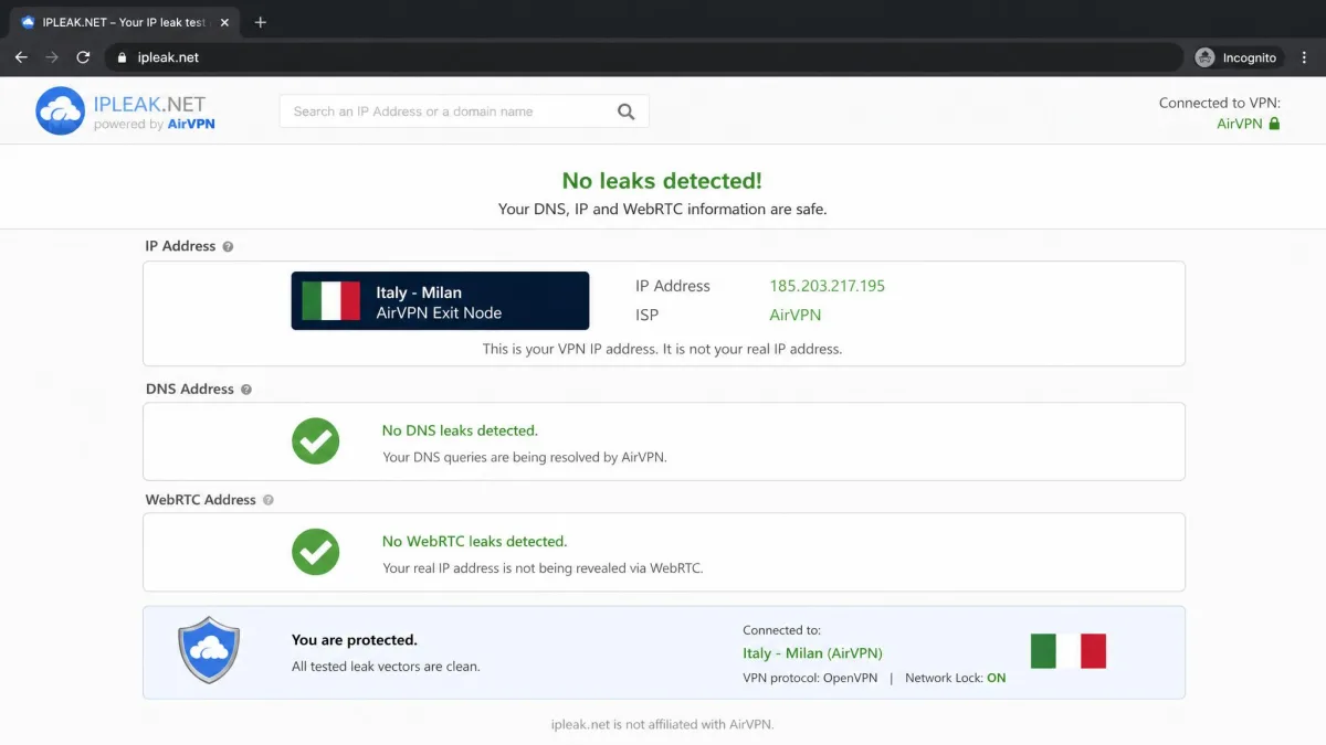 A browser leak test page showing no DNS, IP or WebRTC leaks while connected to AirVPN, with the VPN server location displayed instead of the real IP address.