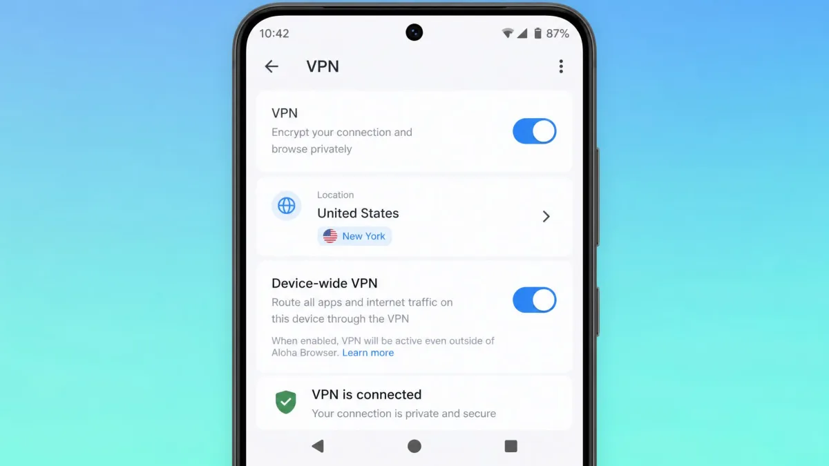 Aloha Browser on an Android phone with the VPN settings open, showing the on/off toggle, the selected location and the device-wide VPN switch.