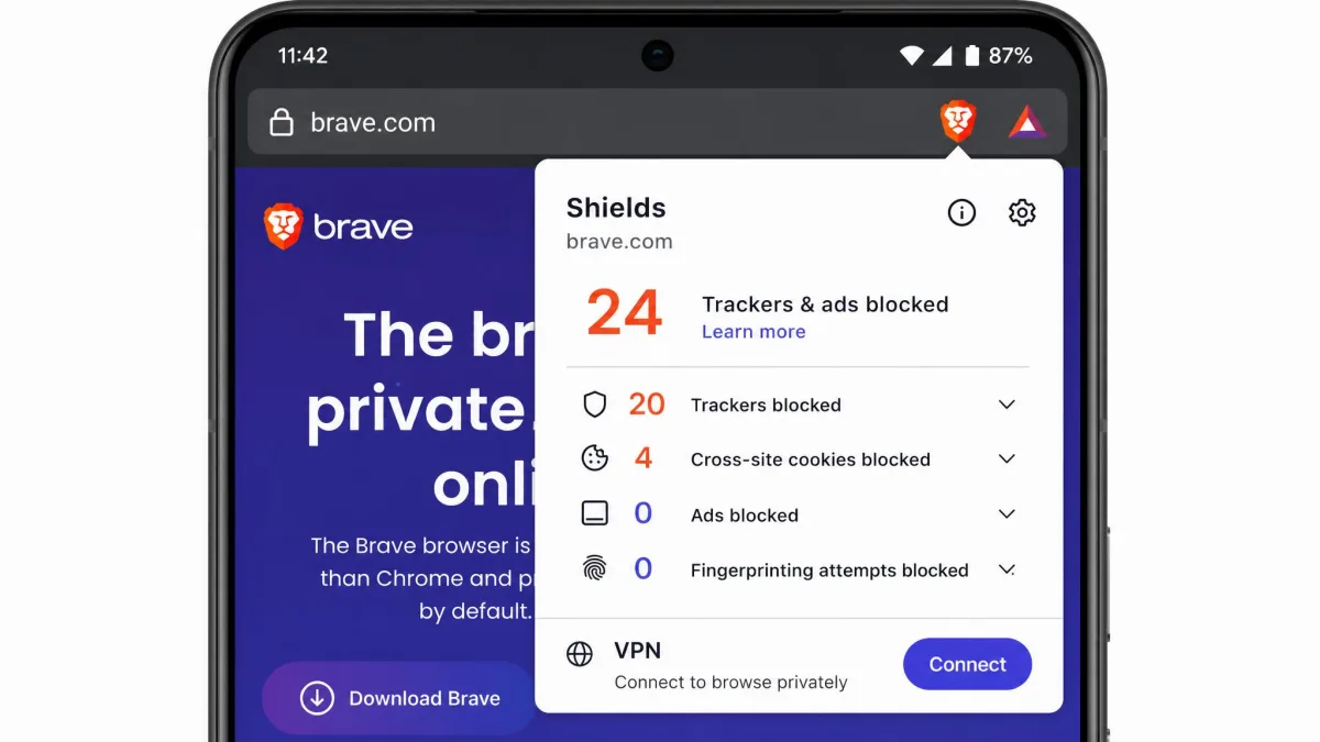 Brave Browser on Android with the Shields panel open, showing trackers and ads blocked on the current page next to the VPN connect button.