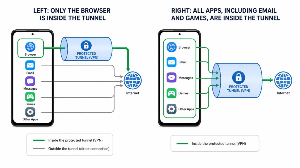 Diagram of two phones: on the left only the browser sits inside a protected tunnel, on the right every app, including email and games, sits inside it.