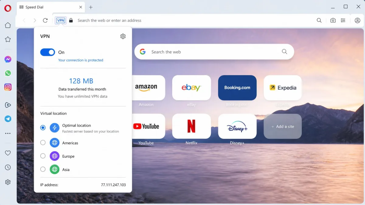 Opera's desktop browser with the VPN badge clicked in the address bar, showing the on/off switch and the Americas, Europe, Asia and Optimal location options.