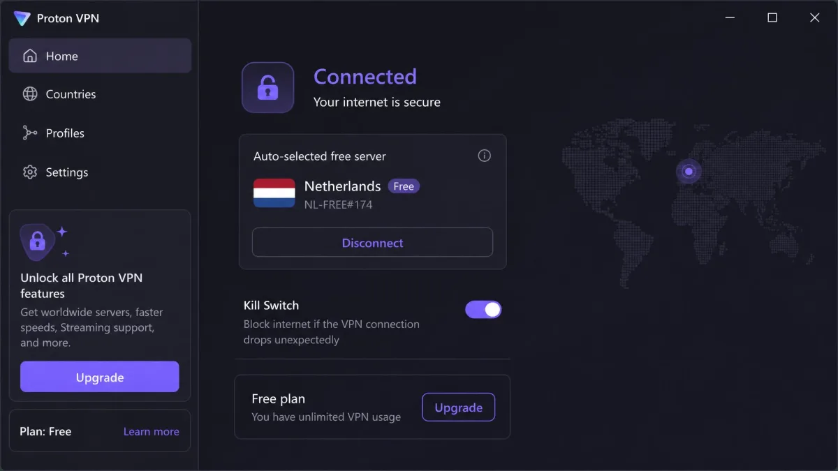 Proton VPN's Windows app connected on the free plan, showing the auto-selected free server country, the kill switch setting and the Upgrade button.