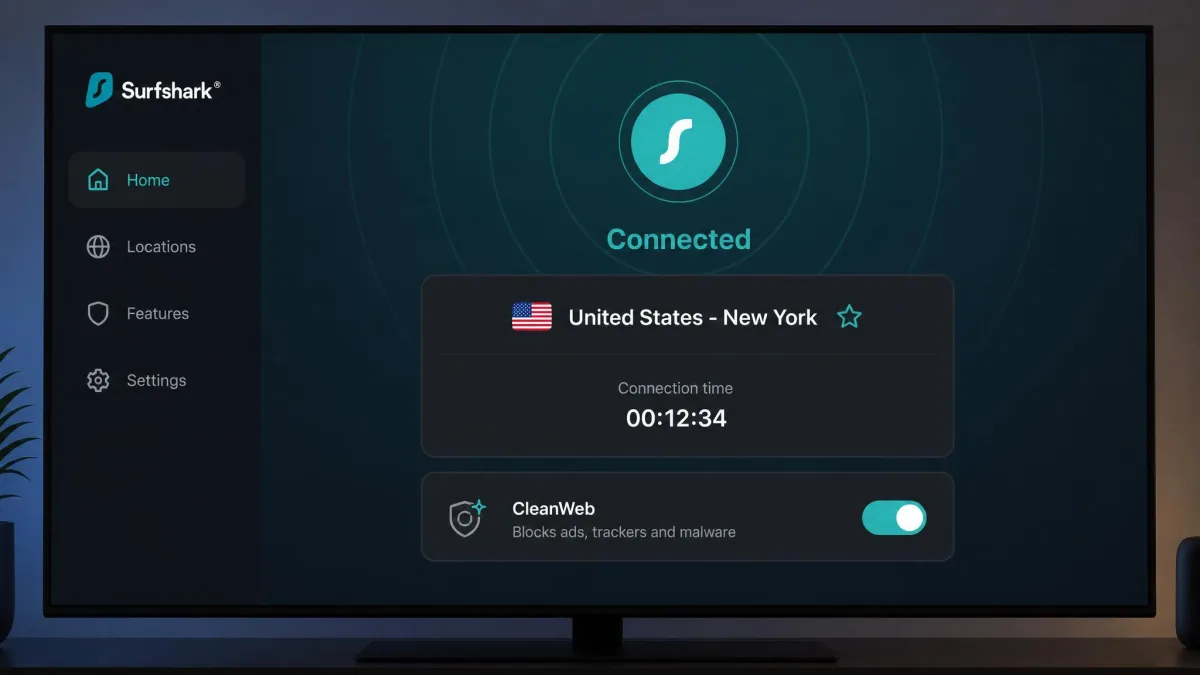 Surfshark's Android TV app on a connected screen, showing the server country, connection time and the CleanWeb toggle switched on.