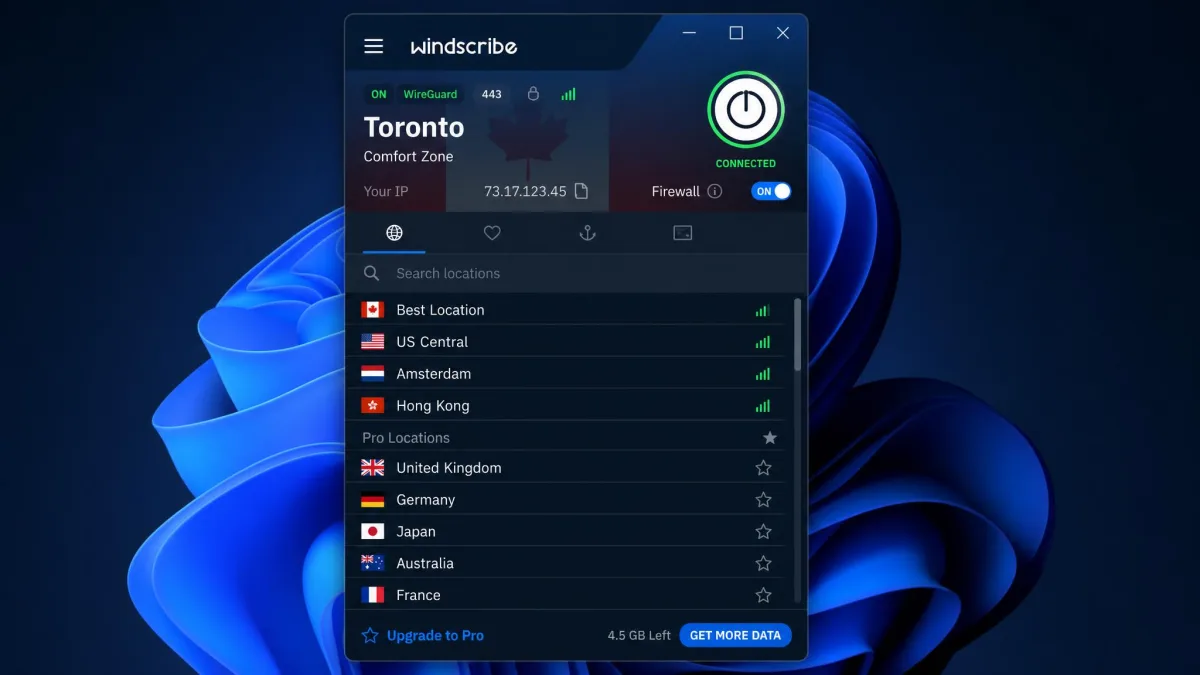 Windscribe's Windows app with the location list open, free locations available and Pro-only locations marked with a star.