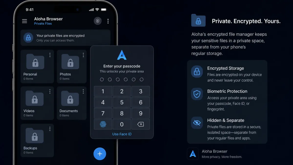 The Aloha Browser encrypted file manager showing locked folders with a passcode prompt, illustrating the biometric-protected private storage area separate from the phone's regular files.