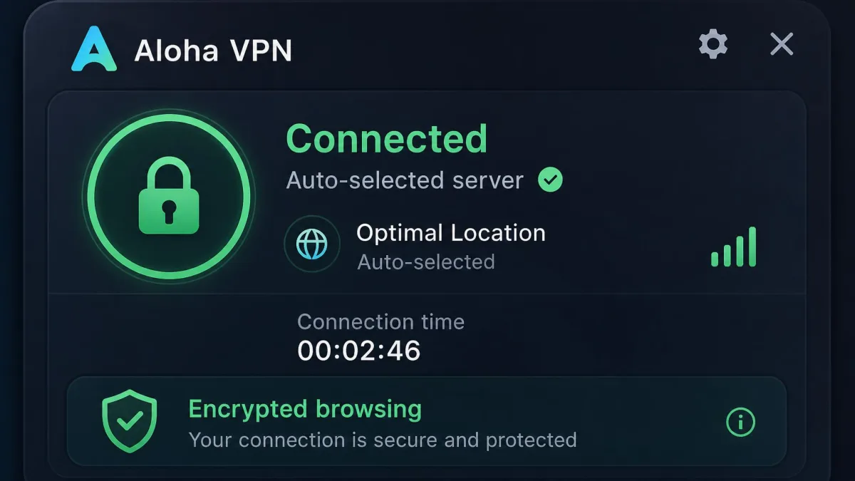 A close-up of the Aloha VPN status panel showing an active connection to an auto-selected server, with a connection timer and a shield indicator confirming encrypted browsing.