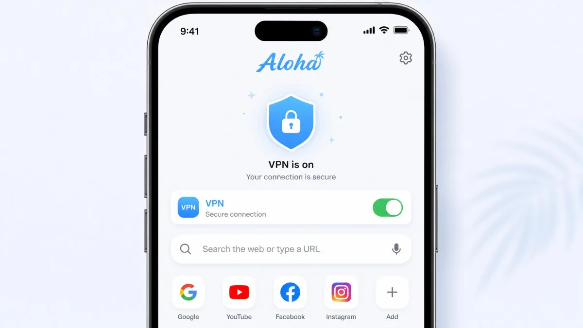 The Aloha Browser home screen on a phone showing the VPN toggle switched on, a clean minimalist layout with a search bar and shield icon indicating an active connection.