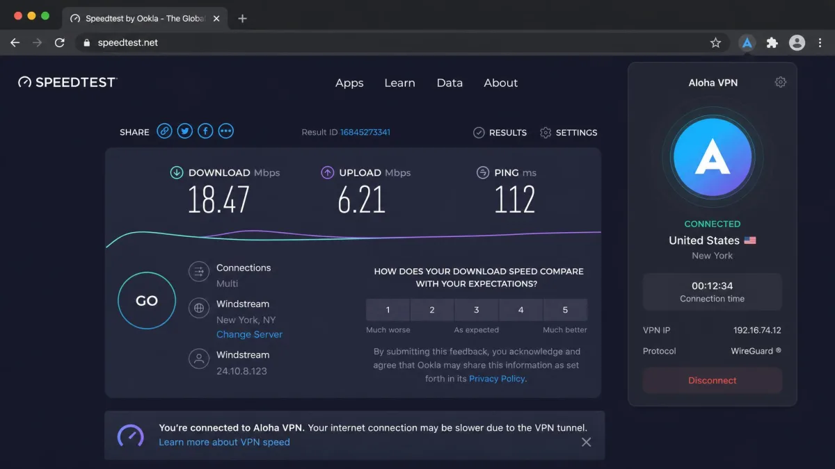 A browser speed test running through Aloha VPN showing download and upload figures alongside a latency reading, demonstrating the connection slowdown when the tunnel is active.