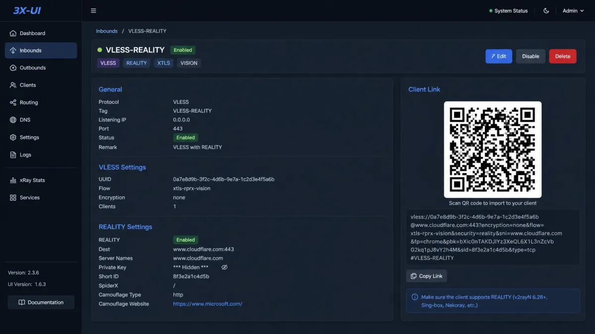 The 3x-ui web panel showing a VLESS inbound with REALITY enabled, the camouflage website field filled in and a QR code for the client link.