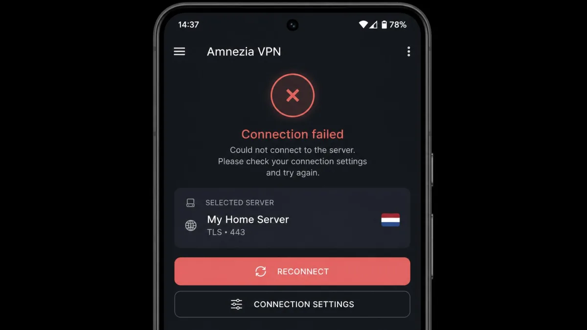 The Amnezia VPN app on an Android phone showing a failed connection to a self-hosted server, with the reconnect button visible.