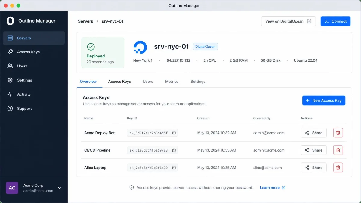 Outline Manager on a desktop showing a newly deployed DigitalOcean server with a list of named access keys and share buttons.