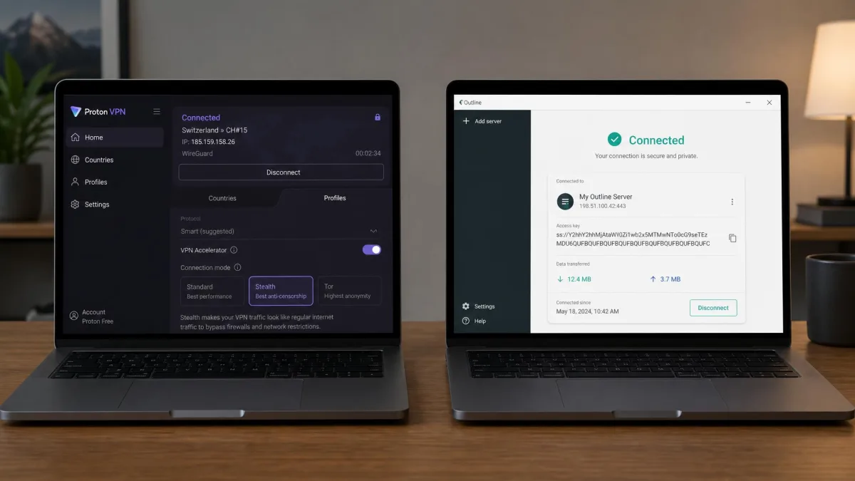Two laptops side by side, one running Proton VPN with Stealth selected and one showing the Outline client connected with an access key.