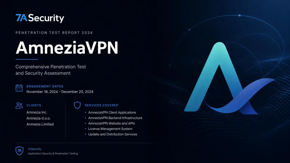 The cover page of the 7ASecurity 2024 penetration test report for AmneziaVPN, showing the report title, engagement dates, and the list of clients and services covered.