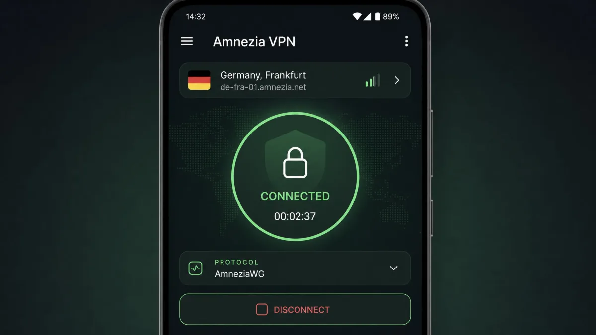 The Amnezia VPN Android app showing an active connection with the AmneziaWG protocol selected, a connection timer running, and the server location displayed at the top.