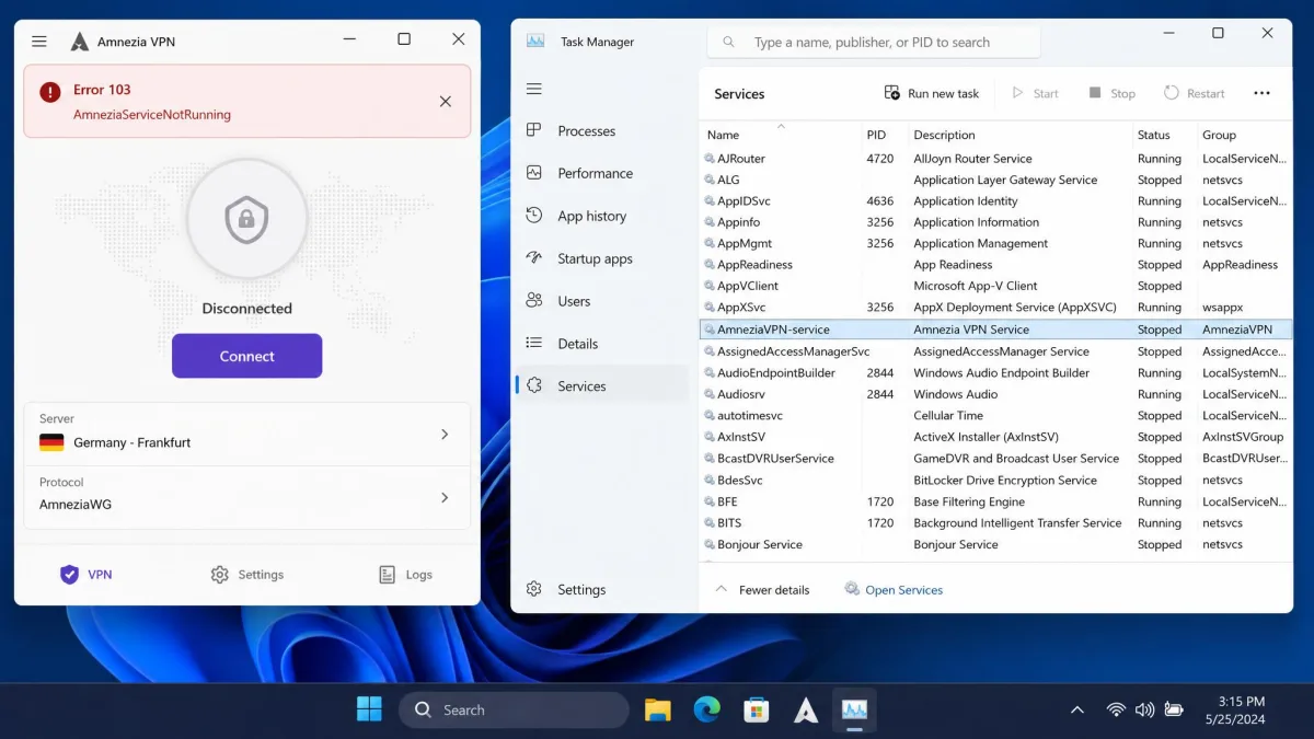 The Amnezia VPN client displaying Error 103 AmneziaServiceNotRunning with a red error banner, next to the Windows Task Manager services tab showing the AmneziaVPN-service entry.