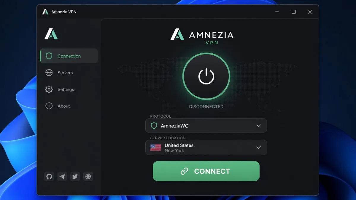 The Amnezia VPN desktop client on Windows 11 showing the connection screen with a large connect button, the selected AmneziaWG protocol, and a server location dropdown on a clean dark interface.