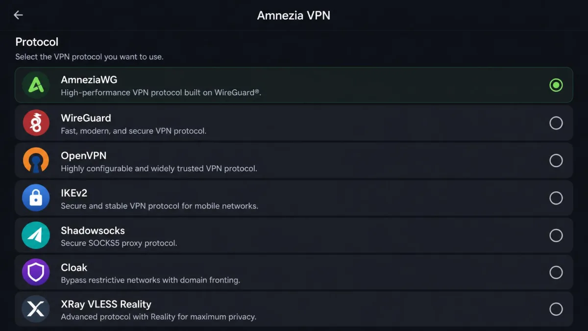 The Amnezia VPN protocol selection menu listing AmneziaWG, WireGuard, OpenVPN, IKEv2, Shadowsocks, Cloak and XRay VLESS Reality as selectable connection options.