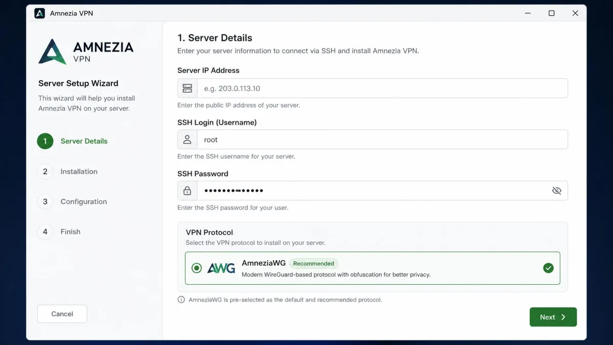 The Amnezia VPN server setup wizard on desktop asking for a server IP address, SSH login, and password, with the AmneziaWG protocol pre-selected as the default install.