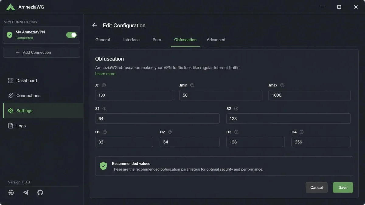 An AmneziaWG configuration screen showing the obfuscation parameters Jc, Jmin, Jmax, S1, S2 and H1 through H4 filled in with recommended values on the Amnezia desktop client.