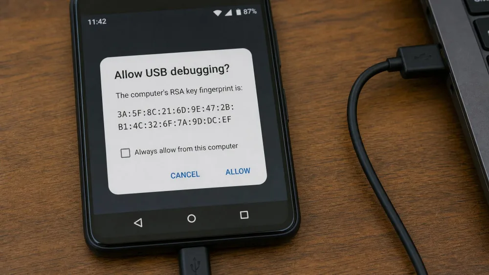 An Android phone screen showing the "Allow USB debugging?" system dialog with a computer RSA fingerprint, next to a USB cable plugged into the phone.