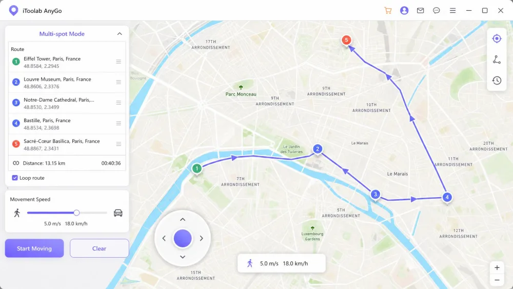 The iToolab AnyGo route-simulation screen showing a multi-spot path drawn across a city map with a directional joystick control and a movement-speed slider set between walking and driving pace.