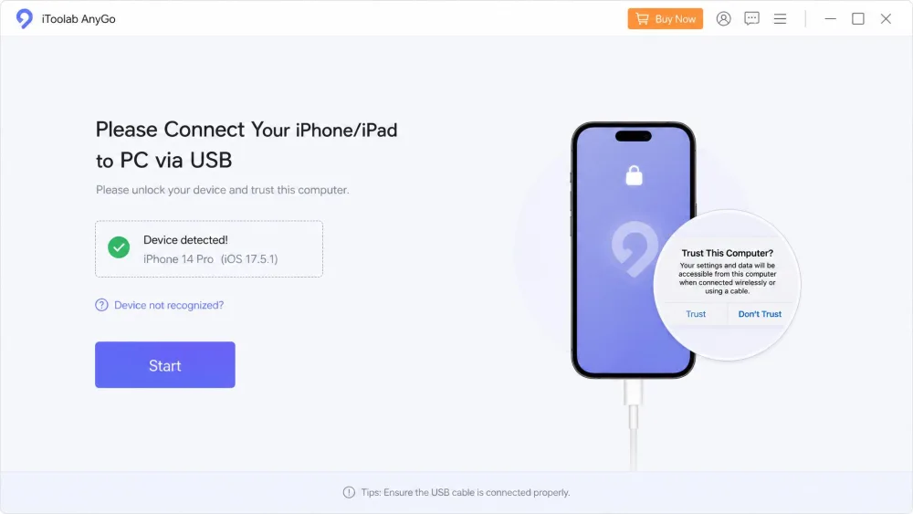 The iToolab AnyGo connection screen prompting the user to connect an iPhone by USB and trust the computer, with a "device detected" status message and a Start button.