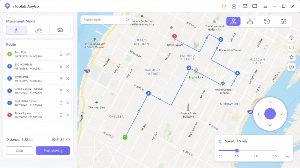 The iToolab AnyGo movement mode showing a plotted multi-spot walking route on a city map, with the on-screen joystick control and a speed slider set to walking pace in the lower-right corner.