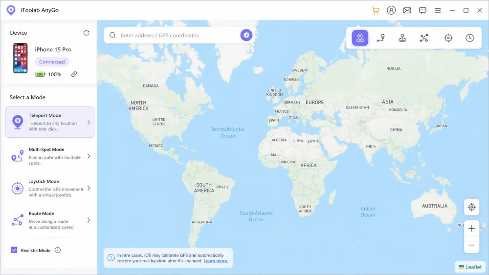 The iToolab AnyGo desktop app showing a world map with a search bar at the top, a connected iPhone in the sidebar, and the teleport mode button highlighted in the top-right toolbar.