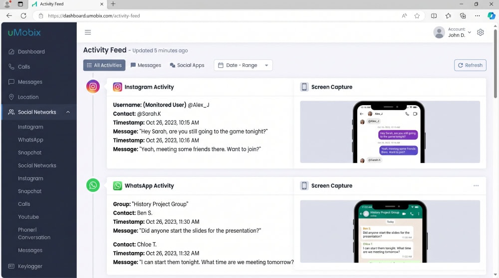 The uMobix activity feed showing captured Instagram and WhatsApp messages alongside timestamped screenshots from the monitored phone's screen.