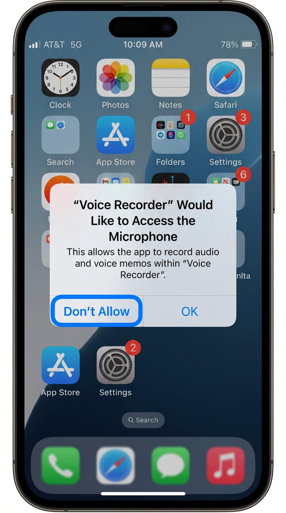 iPhone permission prompt asking whether to allow a new app to access the microphone, with the Don't Allow option emphasized.