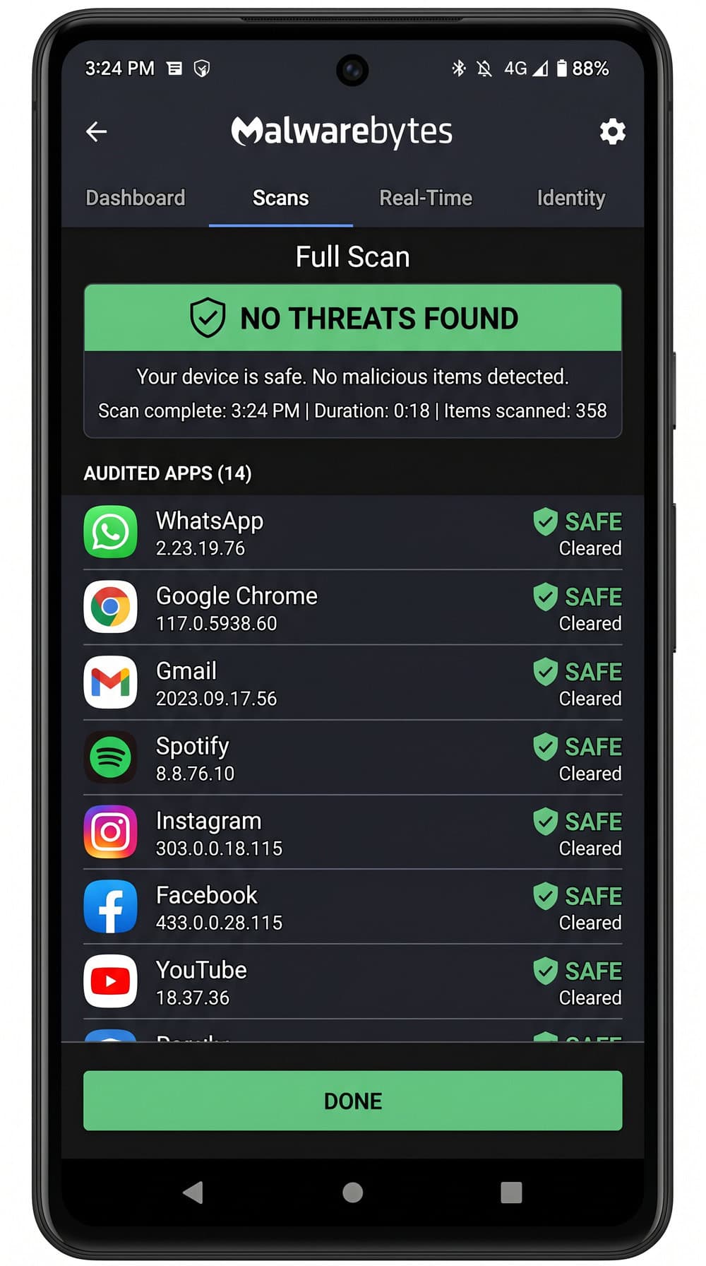 Malwarebytes app on Android showing a completed scan with a green "no threats found" banner and a list of audited apps below.