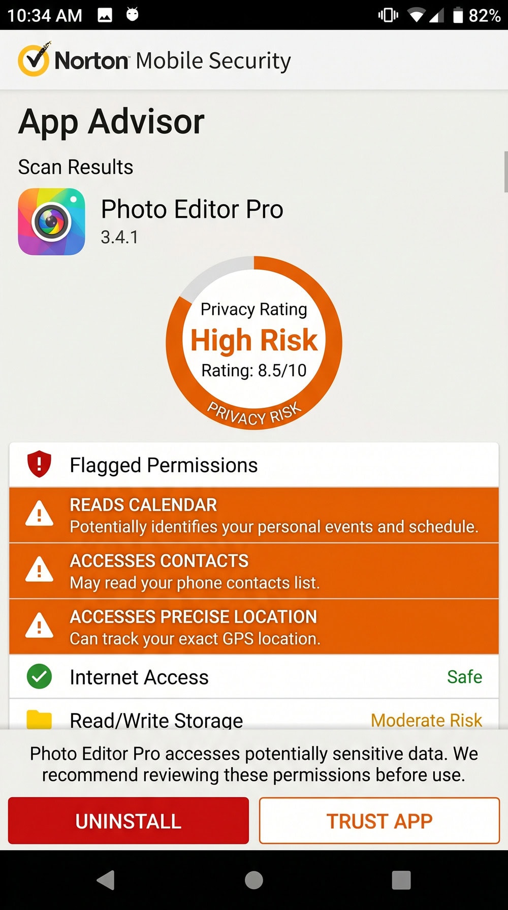 Norton Mobile Security App Advisor screen on Android showing a privacy-risk rating for a scanned app with flagged permissions in orange.