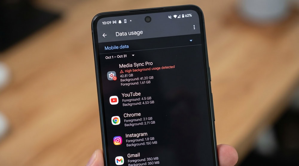 Android data-usage settings screen with an unfamiliar background app at the top consuming an unusually large amount of mobile data, flagged as a spyware sign.