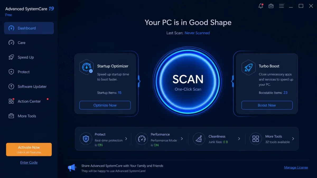 Advanced SystemCare 19's dashboard with the one-click Scan button front and center and tool cards for Startup Optimizer and Turbo Boost around it.