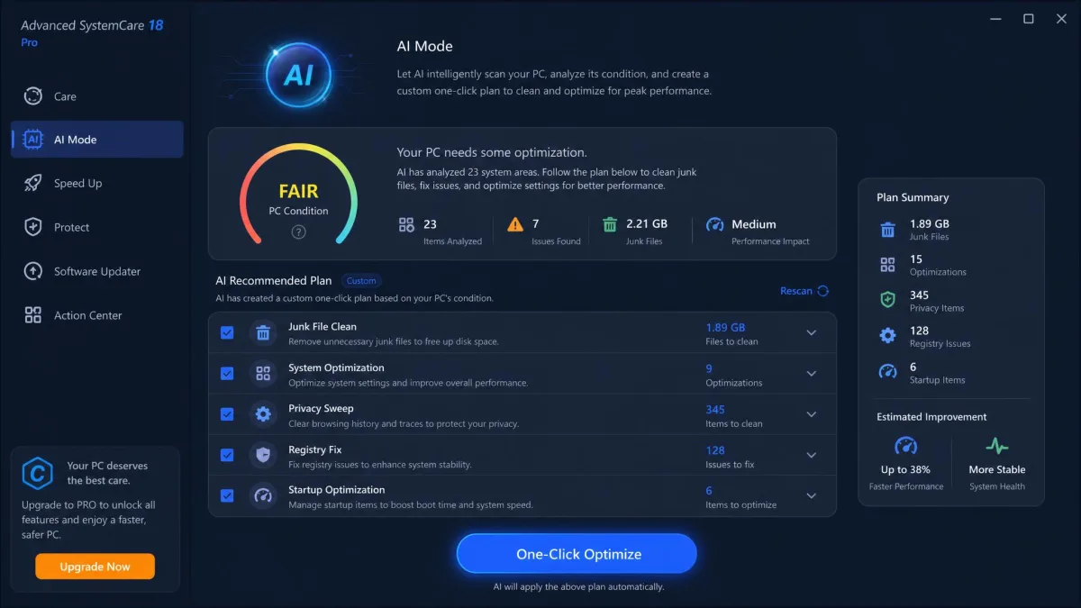 Advanced SystemCare's AI Mode screen offering a custom one-click cleaning and optimization plan based on the PC's condition.