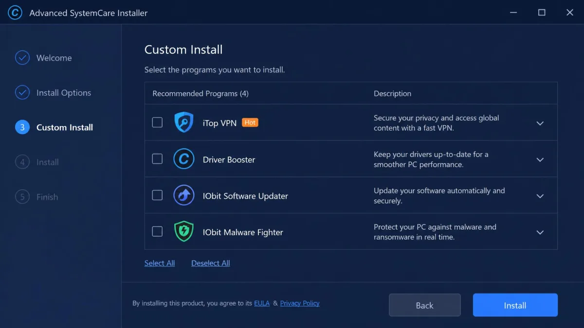 The Advanced SystemCare installer's custom install screen showing the bundled VPN checkbox and other optional extras that can be deselected.