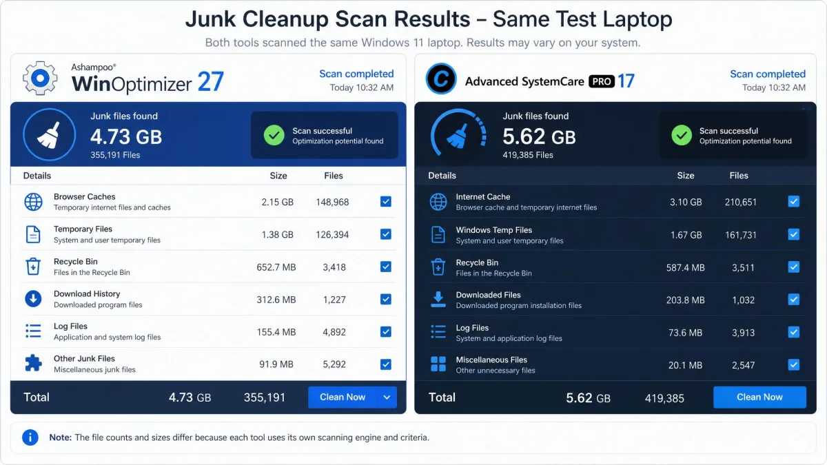 Junk cleanup scan results showing the browser caches and temporary files that Ashampoo WinOptimizer and Advanced SystemCare each found on the same test laptop.