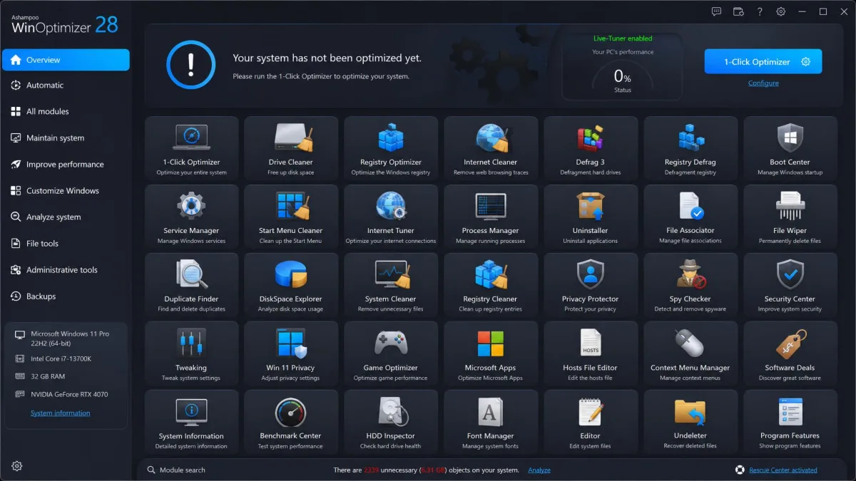 Ashampoo WinOptimizer's main dashboard showing the grid of 30-plus modules, including 1-Click Optimizer and Boot Center, in dark theme.
