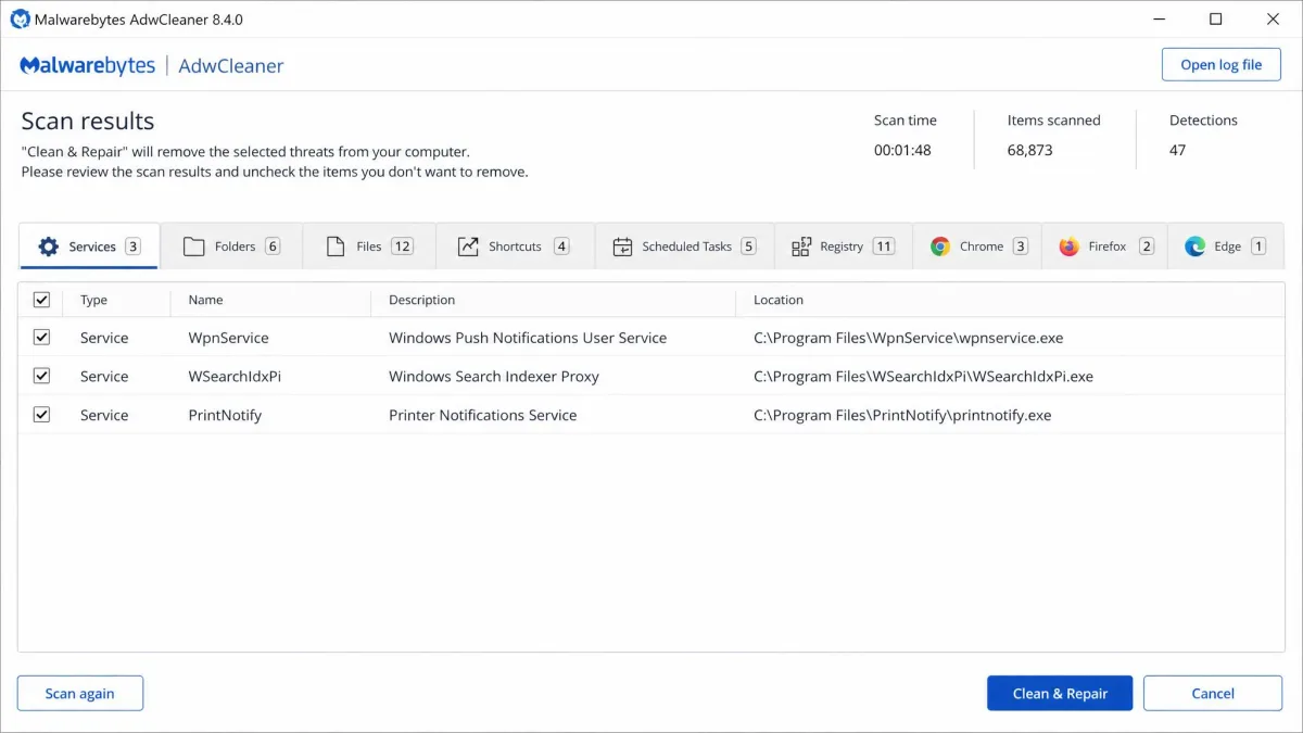 AdwCleaner scan results grouped into tabs for Services, Folders, Files, Shortcuts, Scheduled Tasks, Registry, and browsers.