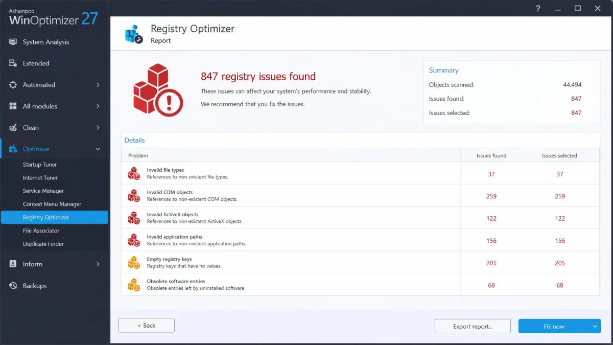 Ashampoo WinOptimizer Registry Optimizer report listing 847 flagged registry issues before the fix.
