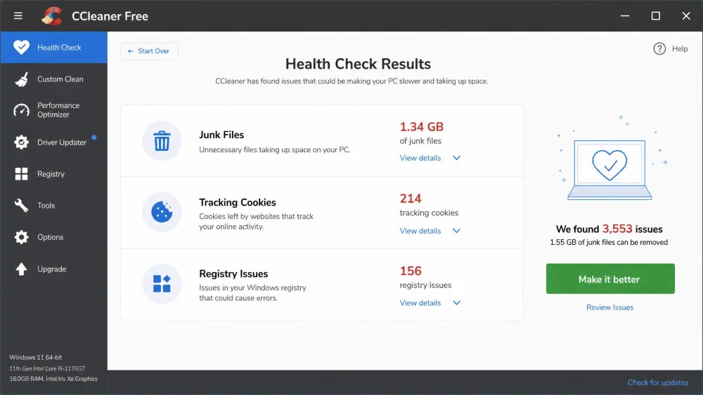 The CCleaner Health Check results screen listing junk files, tracking cookies, and registry issues found on a Windows 11 PC, with the green Make it better button on the right.