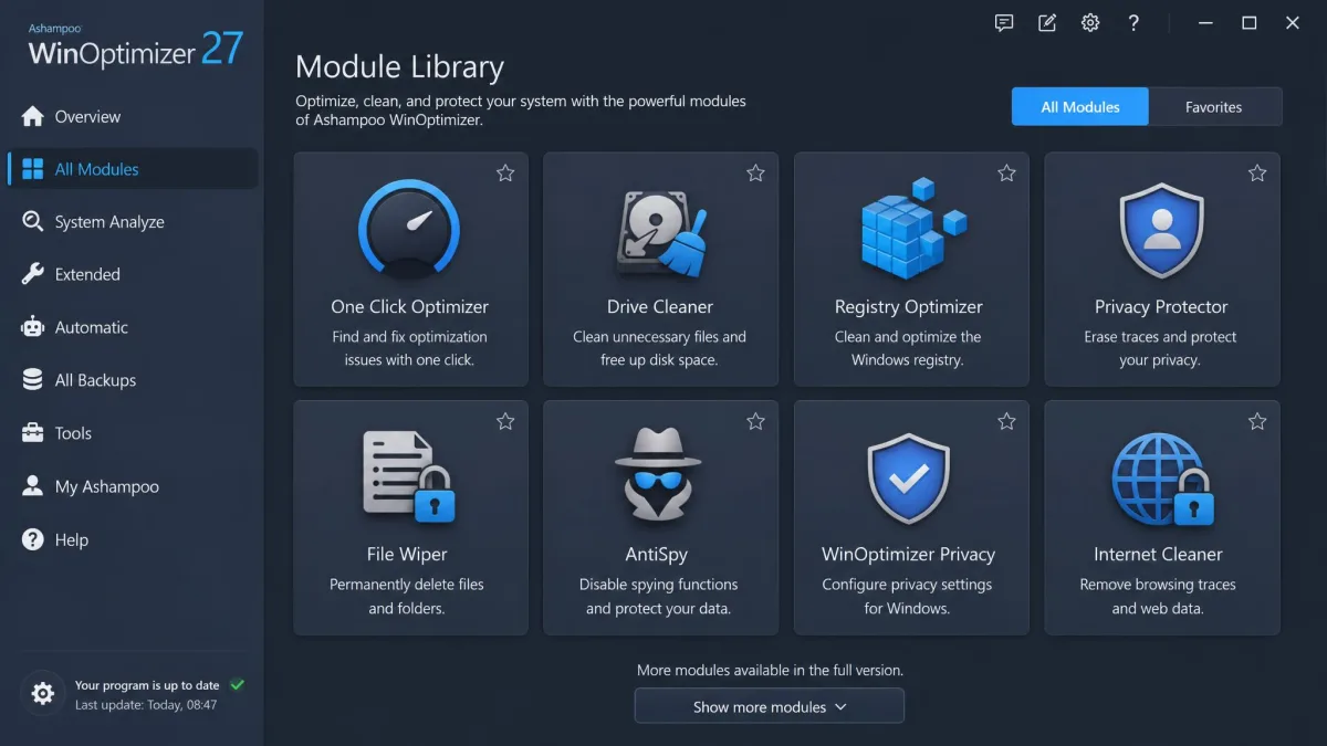 Ashampoo WinOptimizer's module library grid showing the One Click Optimizer, Drive Cleaner, Registry Optimizer, and privacy tools.