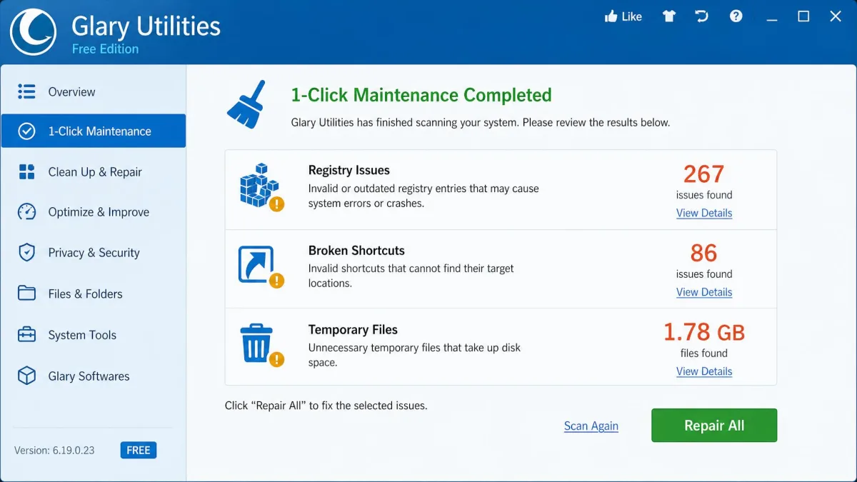 Glary Utilities' 1-Click Maintenance results screen listing 267 registry issues, 86 broken shortcuts, and 1.78 GB of temporary files.