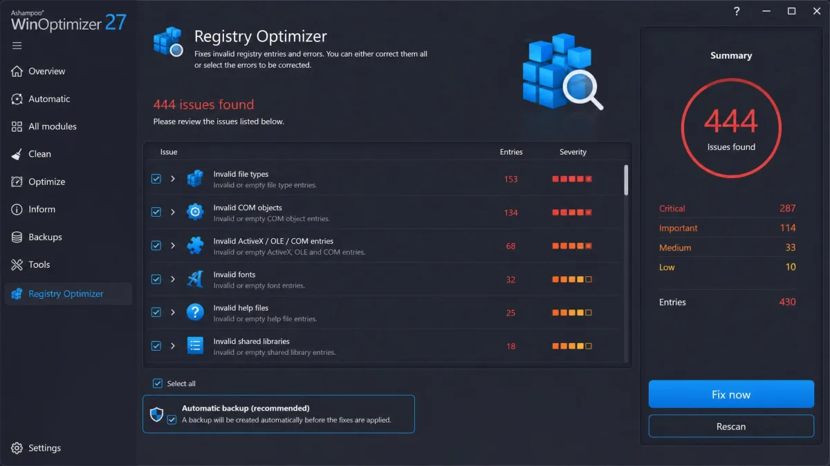 Ashampoo WinOptimizer's Registry Optimizer showing detected issues with the automatic backup option enabled before fixes are applied.