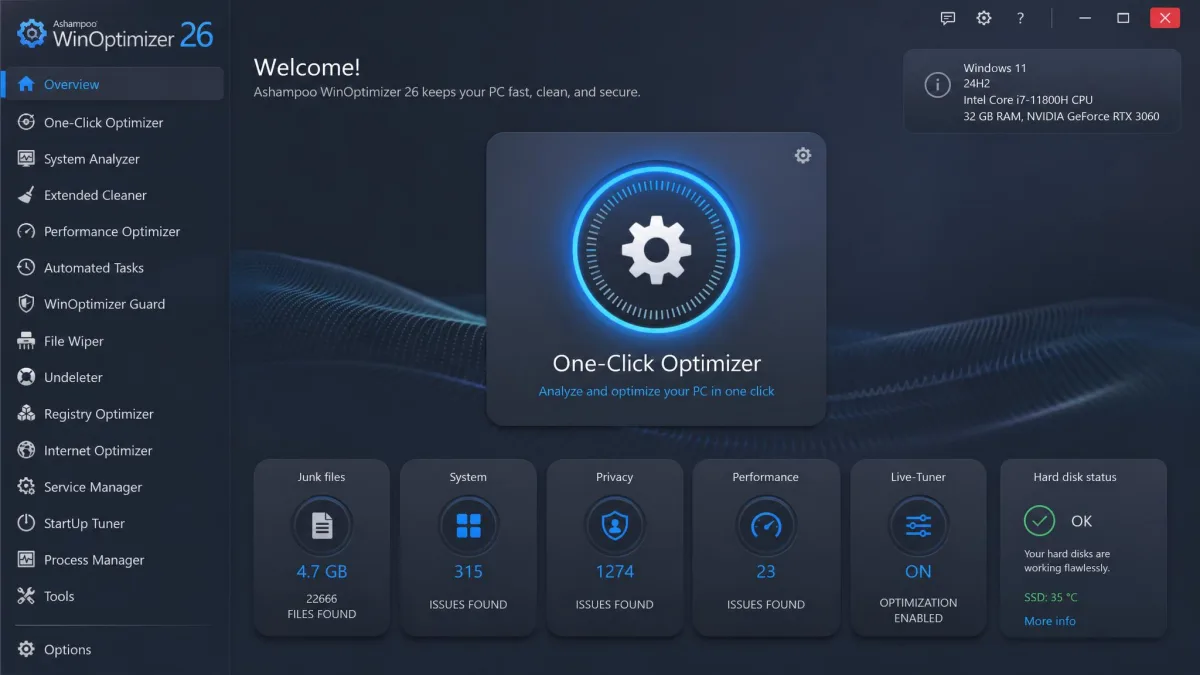 Ashampoo WinOptimizer 26 main window with the One-Click Optimizer tile front and center and the module list in the left sidebar.